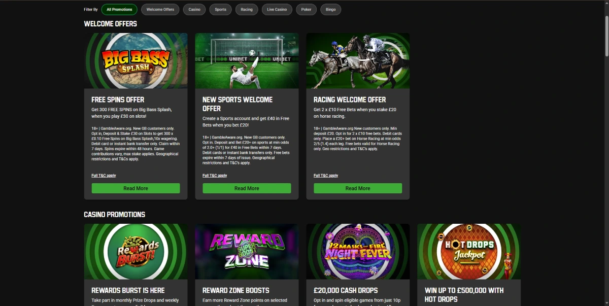 Bonus e promozioni di Unibet